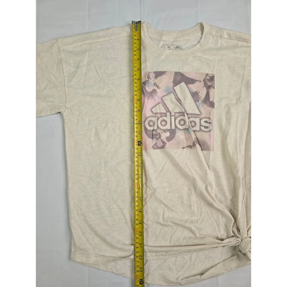 Adidas Girls XL Loose Fit Graphic T-Shirt Tan Heather Side Tie AA3189 NWT